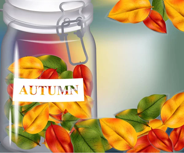 Autumn leaves in a jar on blurry background. Realistic Vector illustration banner or poster card — Stock Vector