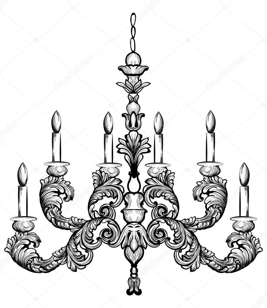 Rococo rich chandelier Vector illustration. Detailed ornaments decor