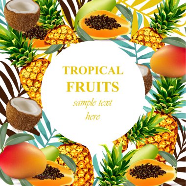 Tropikal meyve kartı vektör. Palmiye yaprakları ve egzotik çiçekler Summerl şablon tasarımı