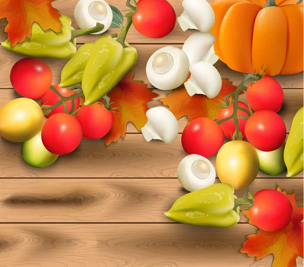 Verduras de otoño sobre fondo de madera realista Plantilla vectorial — Vector de stock