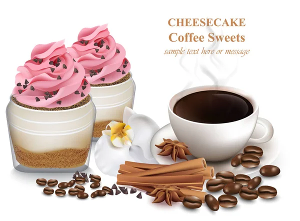 Cheesecake en verse koffie. Vector realistische zoete desserts — Stockvector