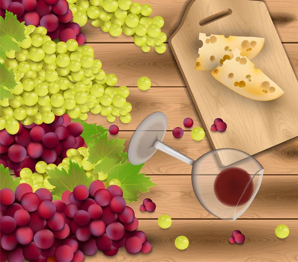 Uvas rojas sobre fondo de madera. Copa de vino y queso. Temporada cosecha Vector ilustración realista — Archivo Imágenes Vectoriales