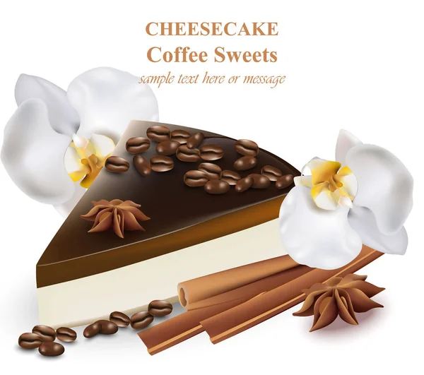 Fatia de sabor de café cheesecake. Grãos de café e flores de orquídeas decoração Vetor realista — Vetor de Stock