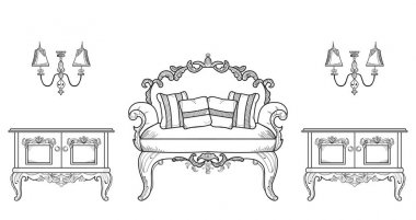 Koltuk ve komodin mobilya lüks süsler ile masa. Fransız lüks zengin karmaşık yapısı vektör. Royal Victoria tarzı dekor