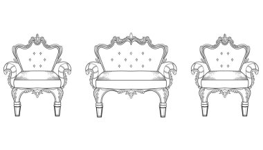 Koltuk mobilya lüks süslemeli. Fransız lüks zengin karmaşık yapısı vektör. Royal Victoria tarzı dekor