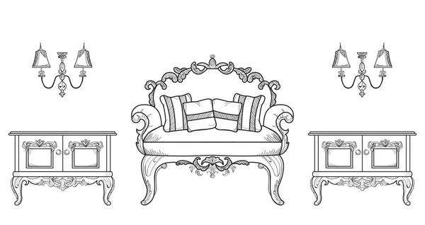 Sillón y cómoda muebles de mesa con adornos de lujo. Vector francés de lujo rica estructura compleja. Decoración estilo real victoriano — Vector de stock