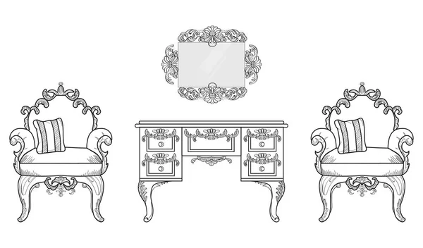 Fotel és fésülködő asztal a luxus díszek. Vektoros francia luxus gazdag bonyolult szerkezet. Royal viktoriánus stílusban — Stock Vector