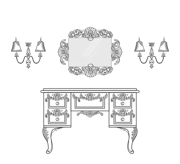 Toaletní stolek s luxusní ozdoby. Vector francouzské luxusní bohaté složité struktury. Viktoriánský styl Royal interiér — Stockový vektor