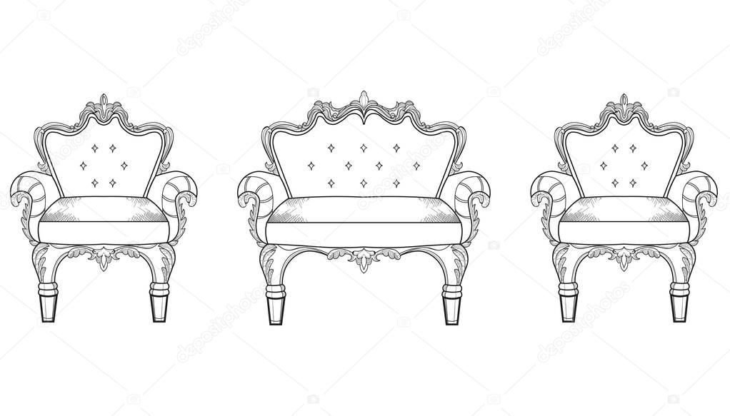 Armchair furniture with luxurious ornaments. Vector French Luxury rich intricate structure. Victorian Royal Style decor