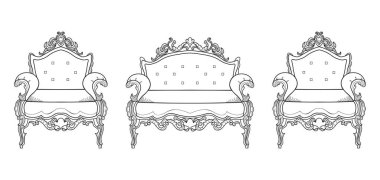 Koltuk mobilya lüks süslemeli. Fransız lüks zengin karmaşık yapısı vektör. Royal Victoria tarzı dekor
