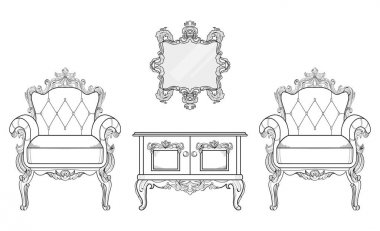 Koltuk ve tuvalet Masası ile lüks süsler. Fransız lüks zengin karmaşık yapısı vektör. Royal Victoria tarzı dekor