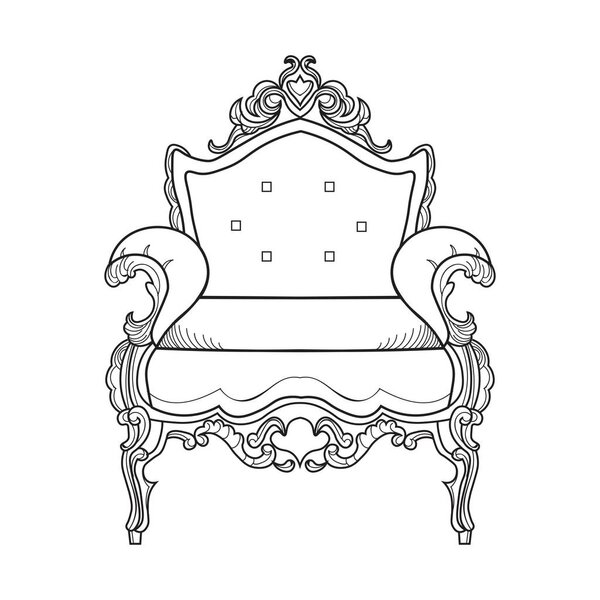 Кресло с роскошными украшениями. Векторная французская роскошь богата интригами. Королевский стиль викторианской эпохи
