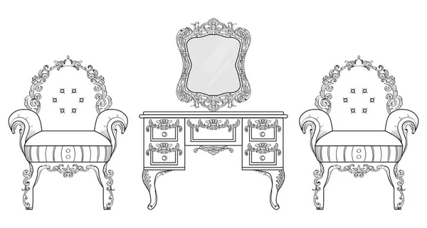Nojatuoli ja pukeutumispöytä ylellisillä koristeilla. Vektori Ranskan Luxury rikas monimutkainen rakenne. Victorian Royal Style sisustus — vektorikuva