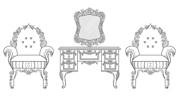 Poltrona e penteadeira com ornamentos luxuosos. Vector francês Luxury estrutura complexa rica. Decoração estilo real vitoriano — Vetor de Stock