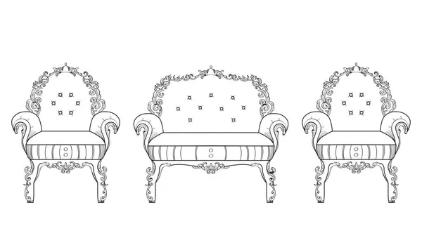 Armchair furniture with luxurious ornaments. Vector French Luxury rich intricate structure. Victorian Royal Style decor — Stock Vector