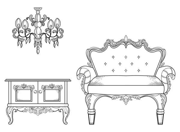 Sessel und Frisiertisch mit luxuriösen Ornamenten. Vektor Französisch Luxus reiche komplizierte Struktur. Dekor im viktorianischen Stil — Stockvektor