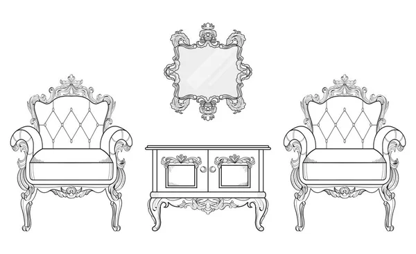 Sessel und Frisiertisch mit luxuriösen Ornamenten. Vektor Französisch Luxus reiche komplizierte Struktur. Dekor im viktorianischen Stil — Stockvektor