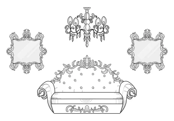 Fåtölj och spegel ramar med lyxiga ornament. Vector franska lyxiga rika invecklade strukturen. Viktorianska Royal inredning — Stock vektor