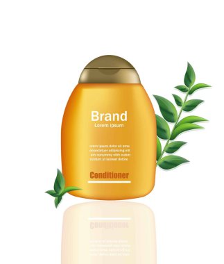 Saç tedavi saç kremi kozmetik vektör gerçekçi kadar sahte. Turuncu paket şişe logolu. Reklam, el ilanı, afiş, poster için mükemmel. 3D çizimler