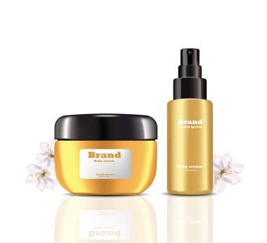 Krem ve losyon kozmetik vektör gerçekçi sahte kurmak. Altın paket nemlendirici krem şişe logolu. Reklam, el ilanı, afiş, poster için mükemmel. 3D çizimler