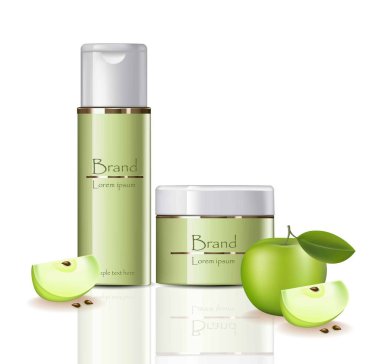 Apple krema ve sprey vektör gerçekçi kozmetik ayarlayın. Ürün paketi etiket tasarımı