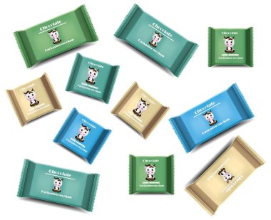 Çikolata bar gerçekçi model küme. Ürün paketi vektör etiketi