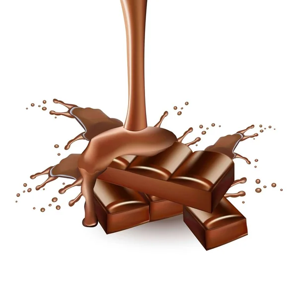 Chocolate splash Vector realista. Delicioso chocolate derretido tratar — Vetor de Stock