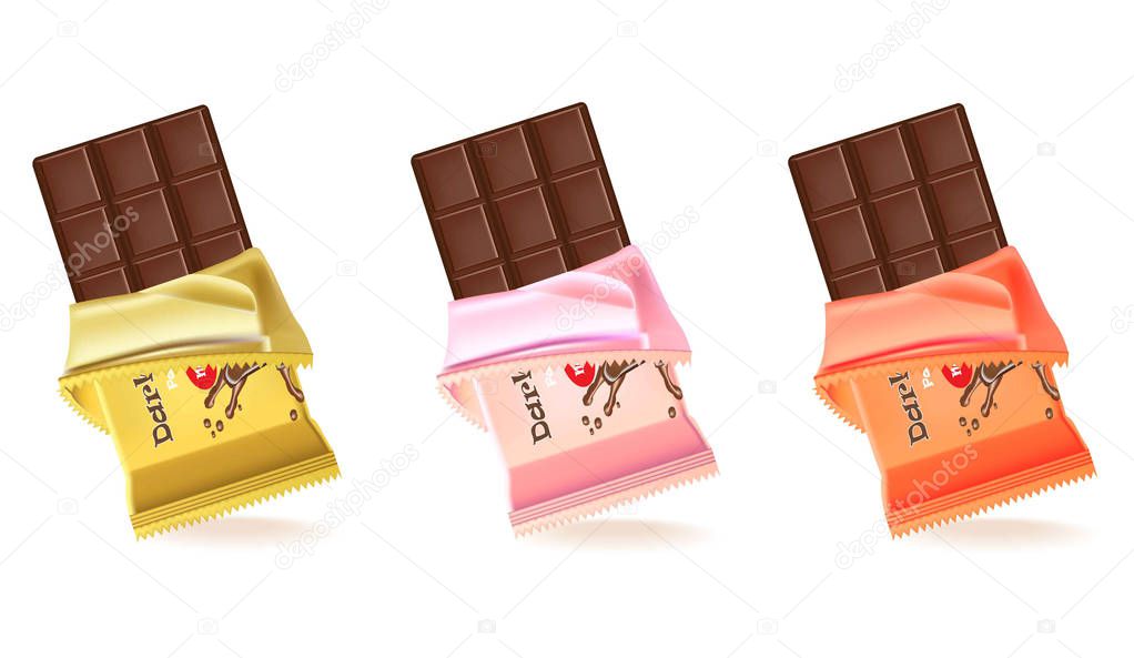 Chocolate bar realistic set. Product package Vector label