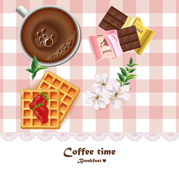 Taza de café fresco y gofres y chocolates desayuno Vector. Dibujos realistas vista superior — Vector de stock