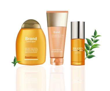 Krem ve losyon kozmetik vektör gerçekçi sahte kurmak. Turuncu paket nemlendirici krem şişe logolu. Reklam, el ilanı, afiş, poster için mükemmel. 3D çizimler