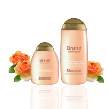 Kozmetik ürün kadar gerçekçi sahte vektör. Pembe şampuan ve saç kremi şişe logolu. Reklam, el ilanı, afiş, poster için mükemmel. 3D çizim