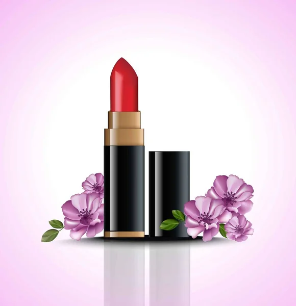 Roter Lippenstift mock up Vektor mit Blumen-Dekor. Kosmetikkarte realistische Pakete — Stockvektor