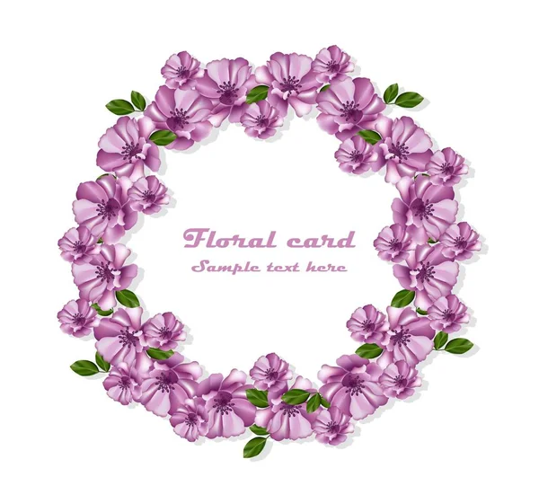 Μοβ λουλούδια στεφάνι πλαίσιο εικονογράφηση διάνυσμα κάρτας — Διανυσματικό Αρχείο