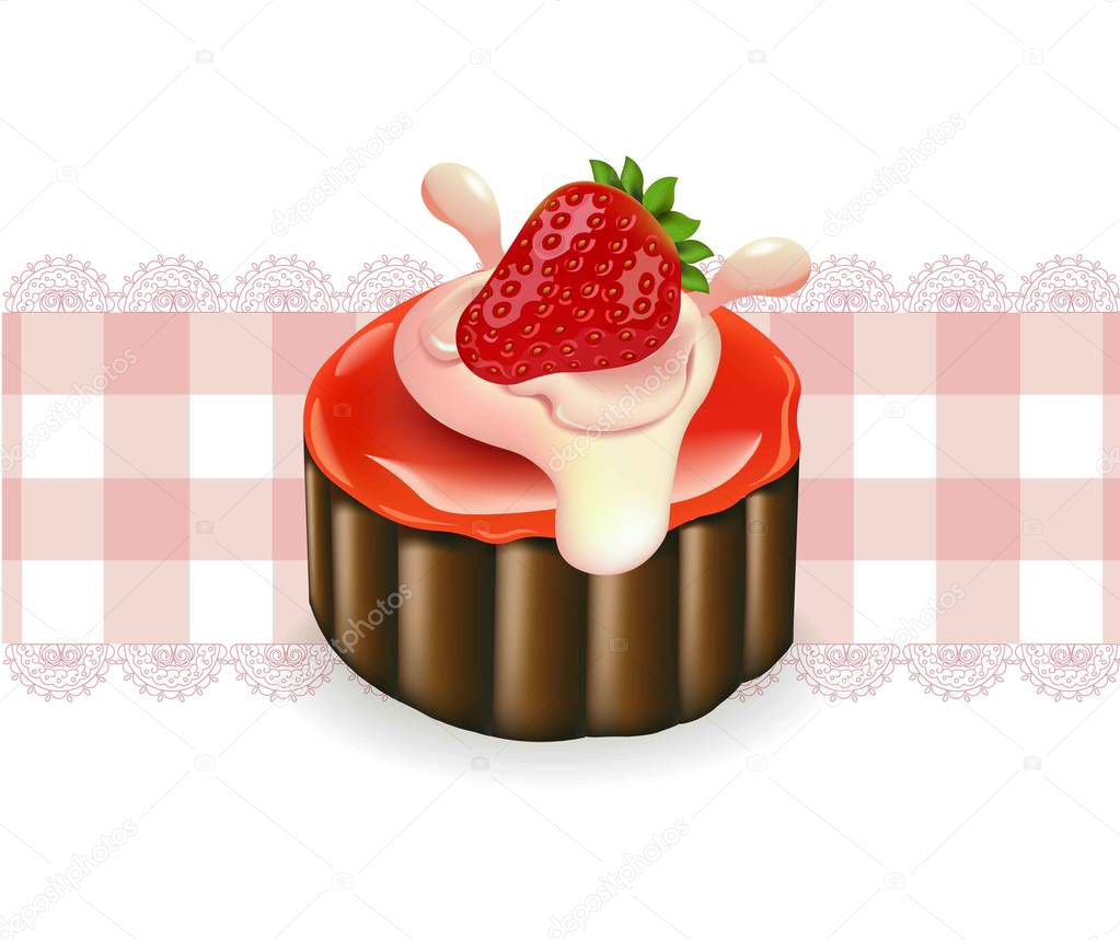 Strawberry cake on a vintage pattern. Vector delicious illustration