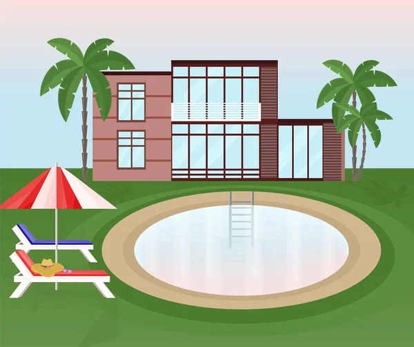 Şezlong ve şemsiye vektör Yüzme Havuzu arka plan — Stok Vektör