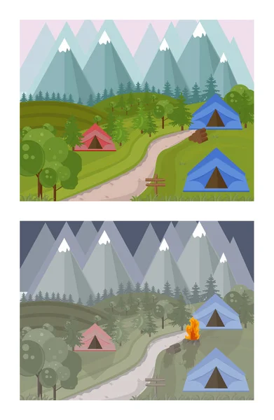High Mountains camping background Vector. Day and night time — Stock Vector