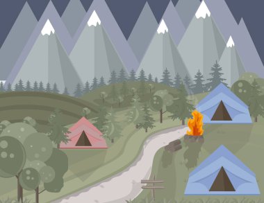 kamp çadır Dağları arka plan. Vektör yeşil doğa gece