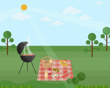 Barbekü piknik bir parkta. Yeşil doğa vektör düz stil