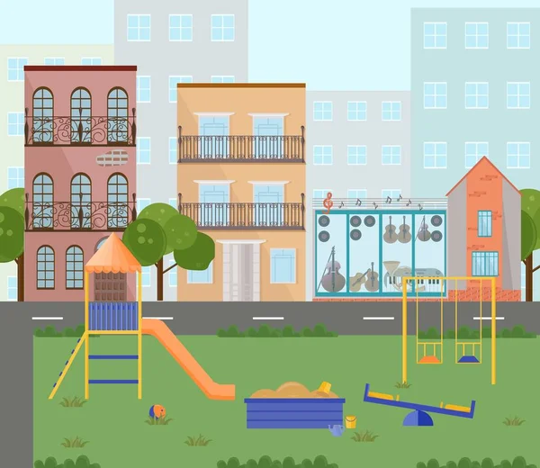 Orange Playground jardim de infância edifícios da cidade vistas. Estilo plano vetorial — Vetor de Stock