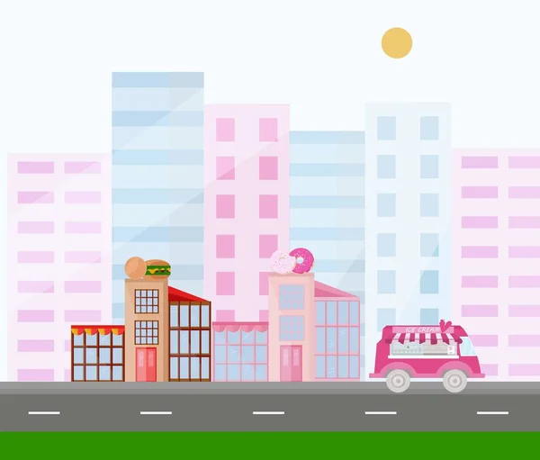 Fast Food und Donuts Gebäude Stadt Ansicht rosa Farben Vektor — Stockvektor