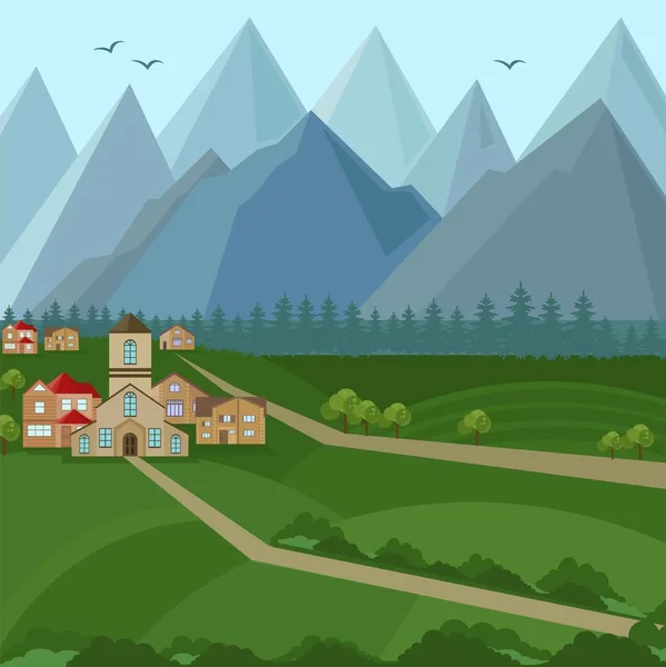 Casas del centro y vistas a las montañas. Fondo vectorial — Vector de stock