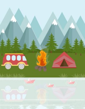 Kamp otobüs ve vektör arka plan dağlarda çadır