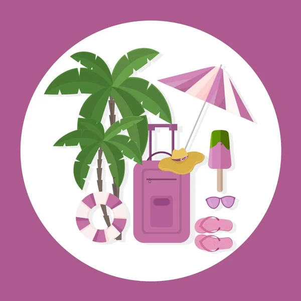 Viagem Viagem material bagagem, guarda-chuva, óculos de sol. Estilo plano vetorial — Vetor de Stock