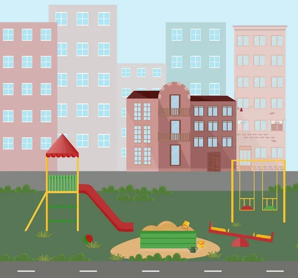 Aire de jeux jardin d'enfants vue sur la ville ville. Style plat vectoriel — Image vectorielle