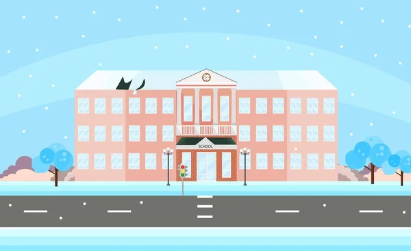 Πρόσοψη κτιρίου Σχολής στη διάρκεια του χειμώνα. Εικονογραφήσεις φορέα — Διανυσματικό Αρχείο