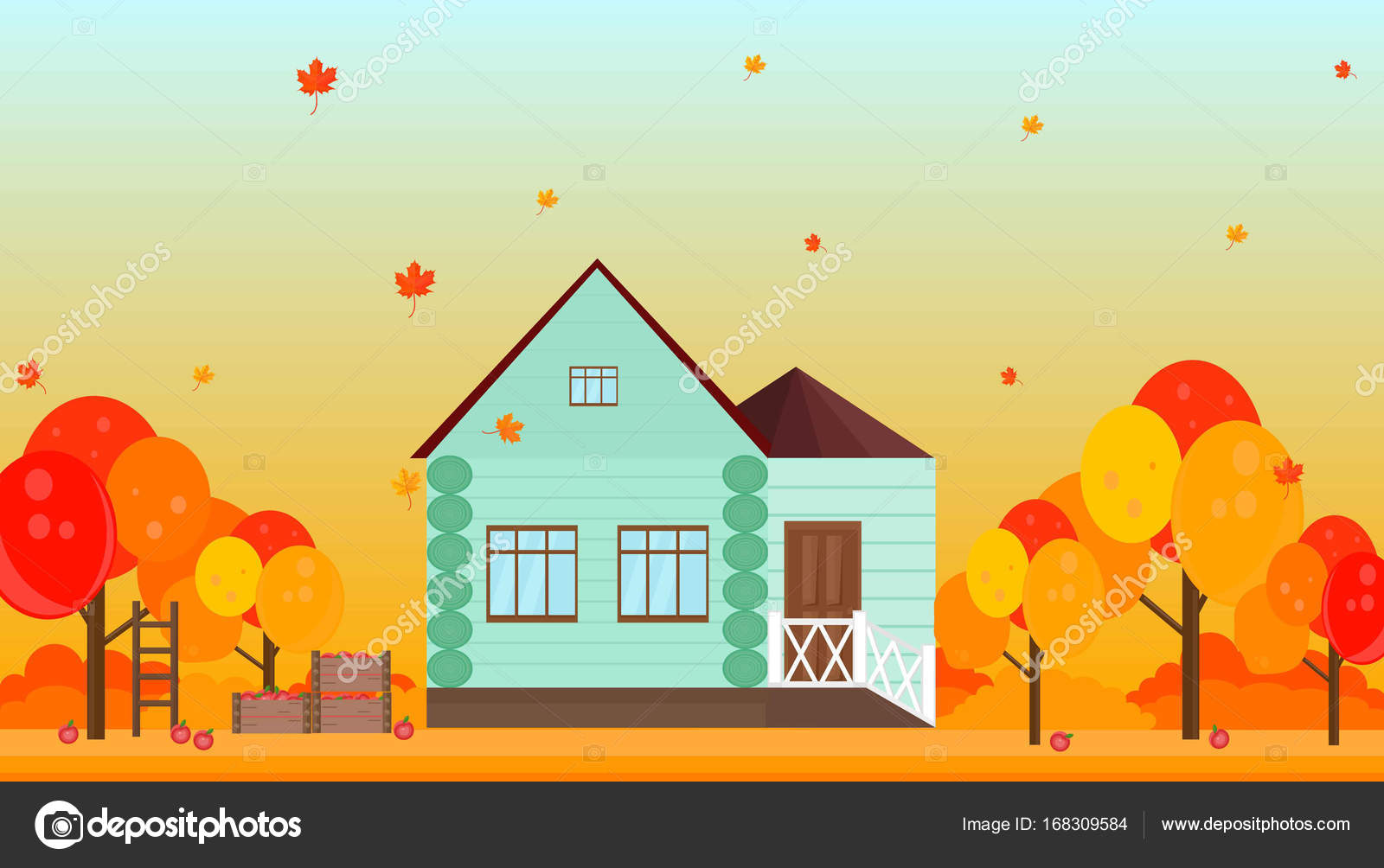 Village House In Autumn Season Background Vector Illustrations