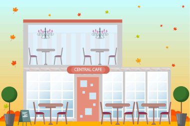 Merkezi Cafe bina cephe. Vektör düz stil. Sonbahar sezon