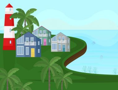 Vektör Deniz Sahil manzaralı. Seaside palm ağaçlar arka planlar ile