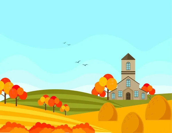 Boerderij dorp herfst seizoen met hooi achtergrond. Vectorillustratie — Stockvector