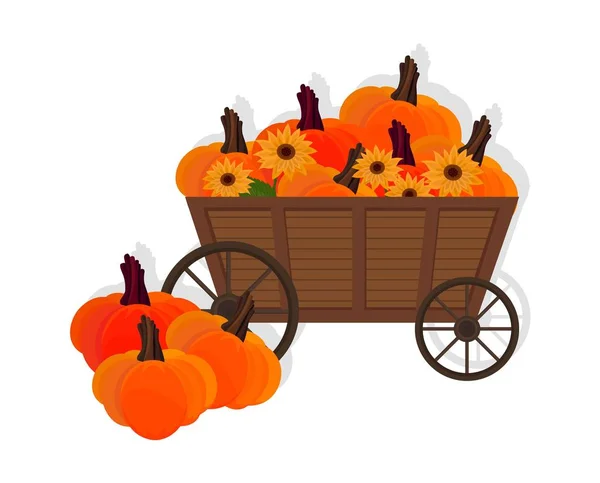 Pumpkins in a wooden cart Vector flat style — Stock Vector